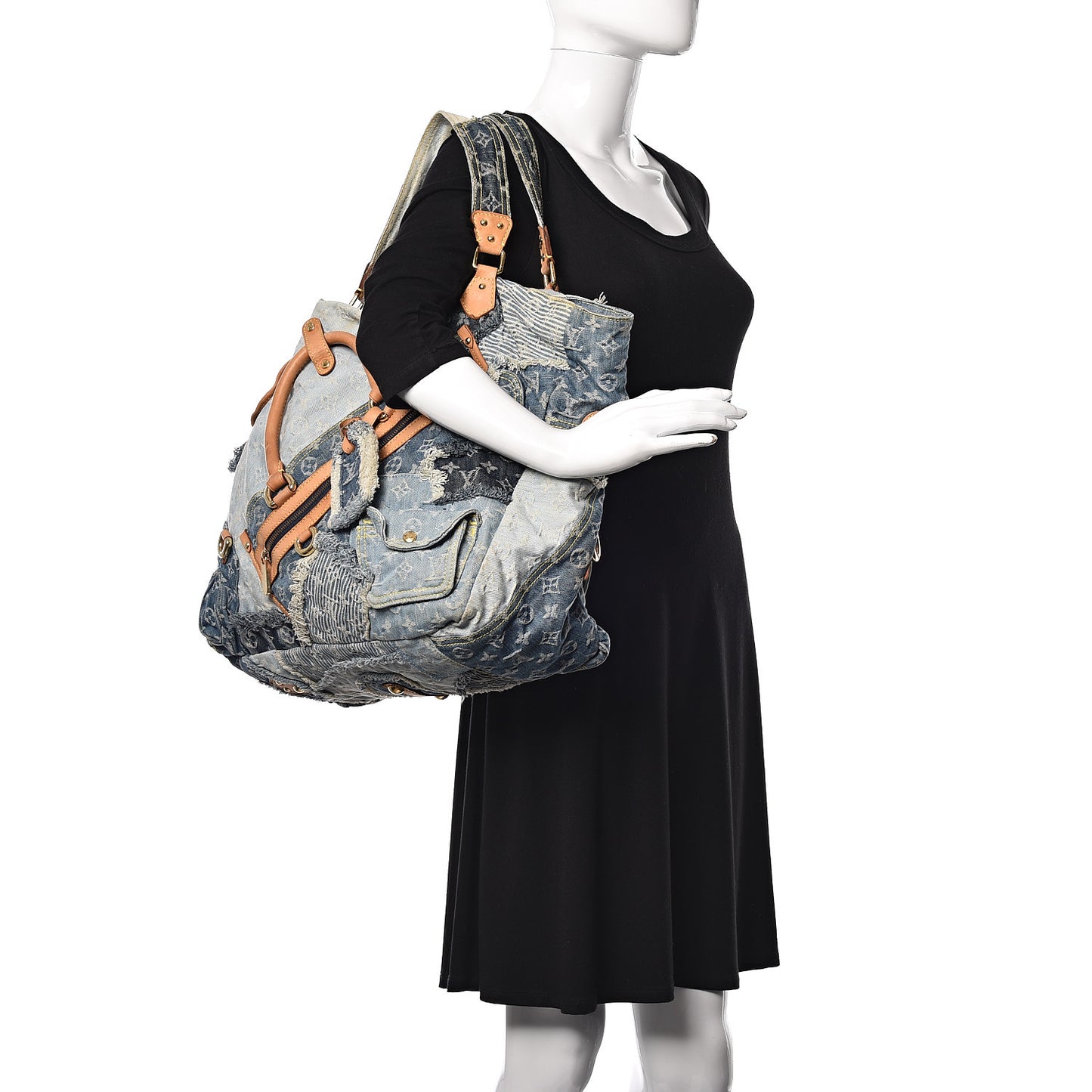 Denim Patchwork Cabby Tote Blue