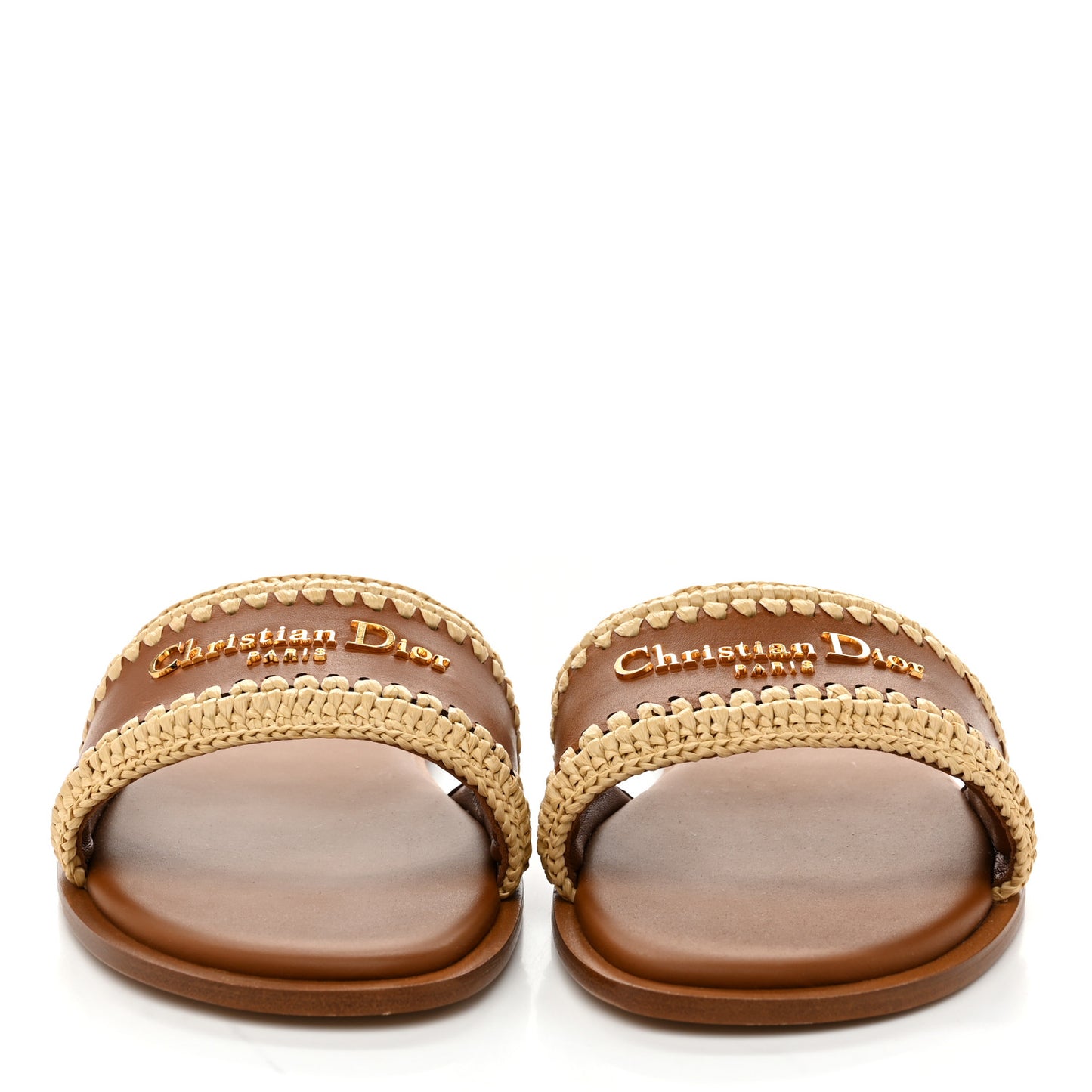Calfskin Raffia Dioriviera D-Lane Flat Slide Sandals 38.5 Camel