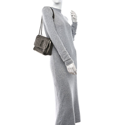 Saint Laurent Crinkled Calfskin Matelasse Monogram Baby Niki Chain Satchel Platinum 2 of 11