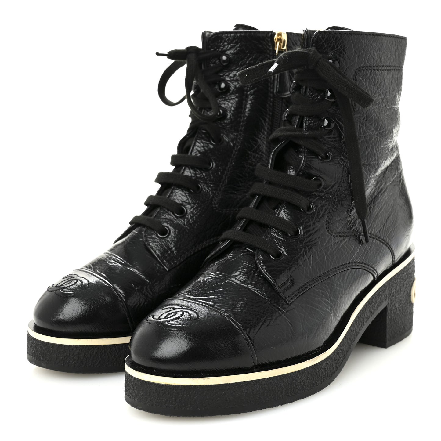 Shiny Crumpled Lambskin Lace Up Combat Boots 37 Black