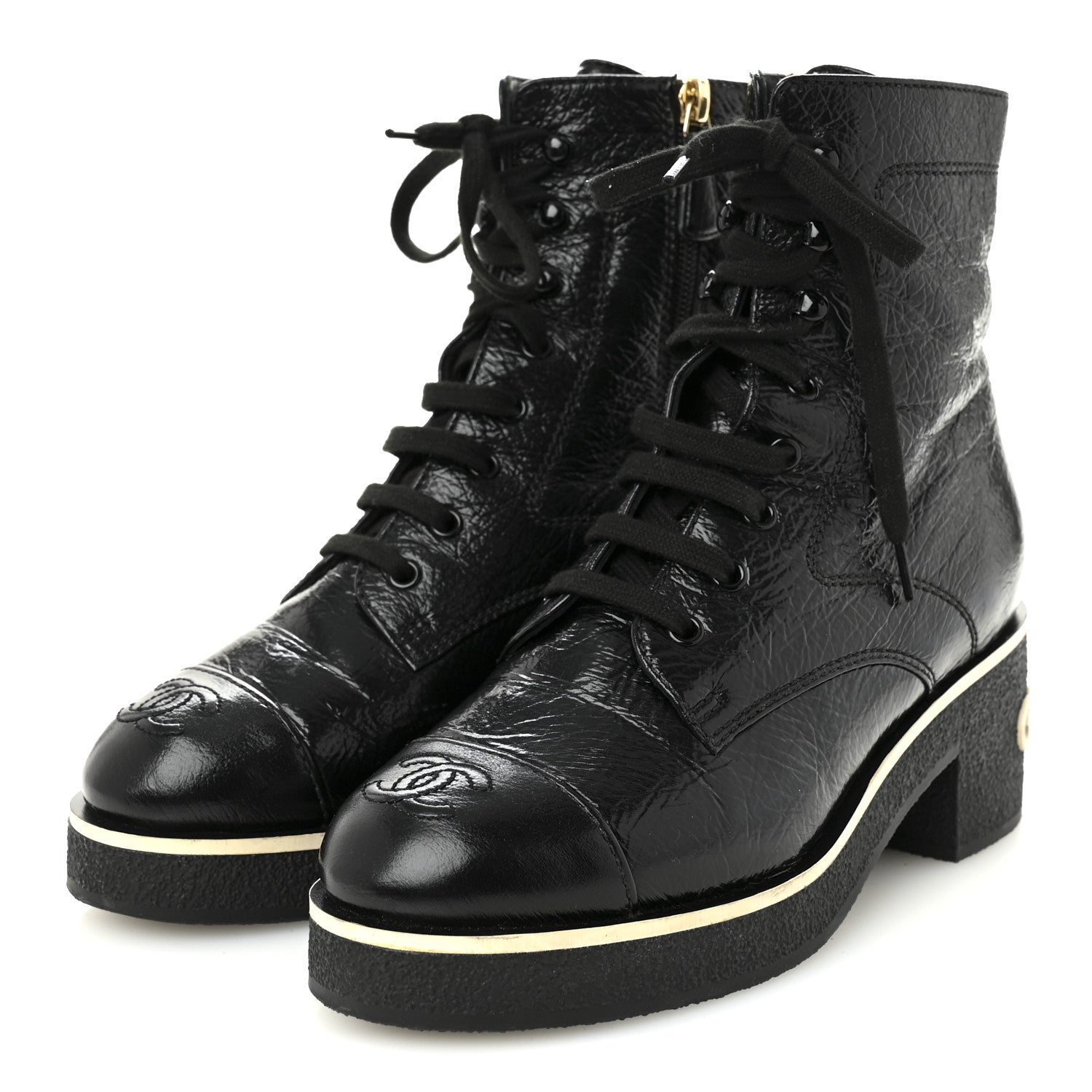 Chanel Shiny Crumpled Lambskin Lace Up Combat Boots 37 Black 4 of 9