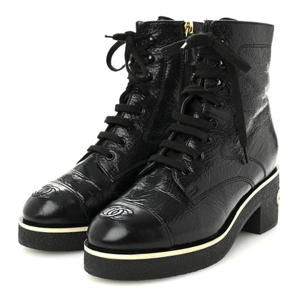 Chanel Shiny Crumpled Lambskin Lace Up Combat Boots 37 Black 4 of 9