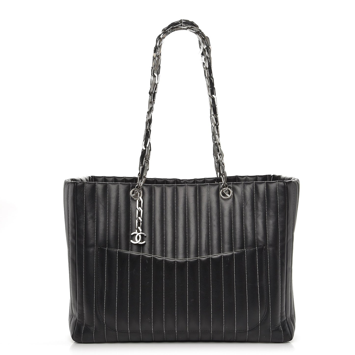 Lambskin Vertical Quilted Large Mademoiselle Tote Black