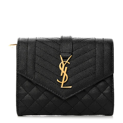 Saint Laurent Grain De Poudre Mixed Matelasse Triquilt Monogram Compact Tri Fold Wallet Black 1 of 7