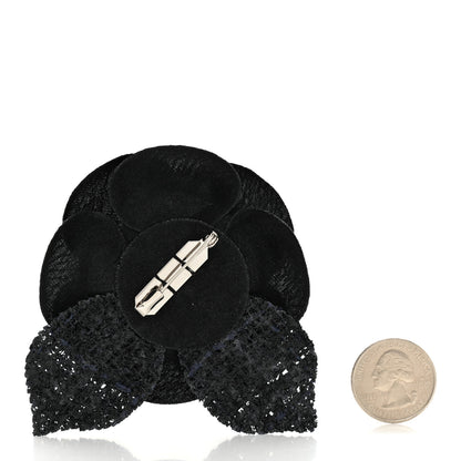 Chanel Tweed Fabric Camellia Pin Brooch Navy Blue Black 2 of 3