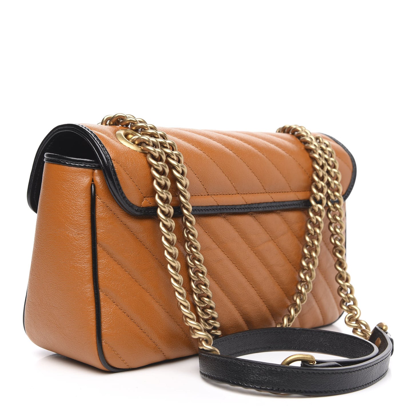 Vintage Effect Calfskin Matelasse Diagonal Small Torchon GG Marmont Shoulder Bag Cognac Black