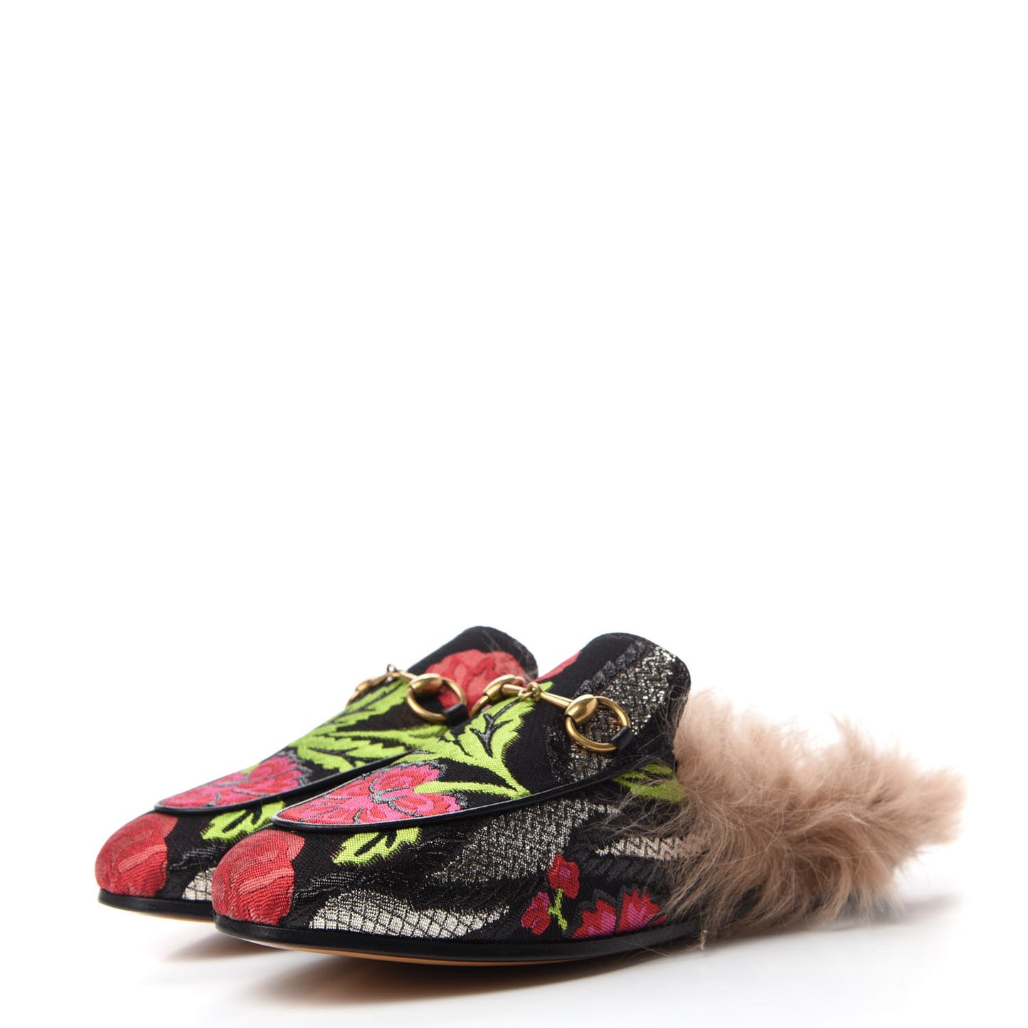 Brocade Fur Floral Womens Princetown Slippers 35.5 Black Anthracite