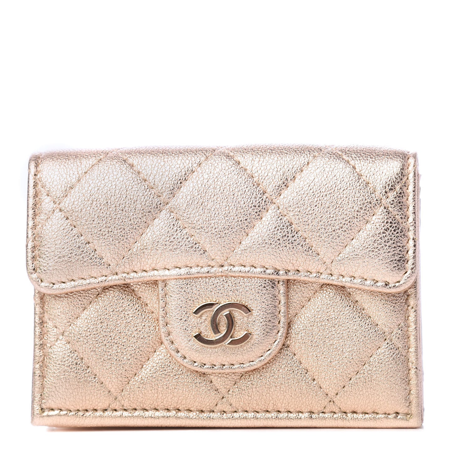 Metallic Lambskin Quilted Small Flap Wallet Gold