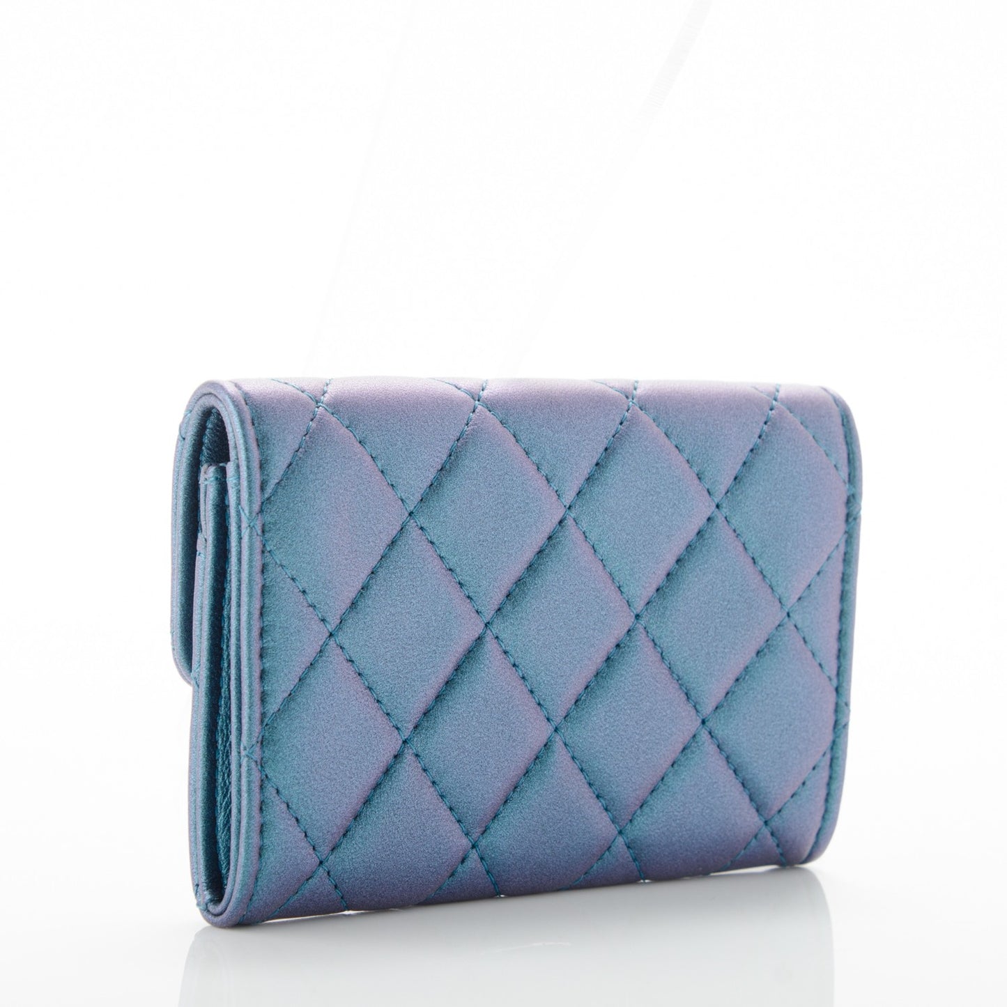 Metallic Lambskin Quilted Flap Card Holder Turquoise