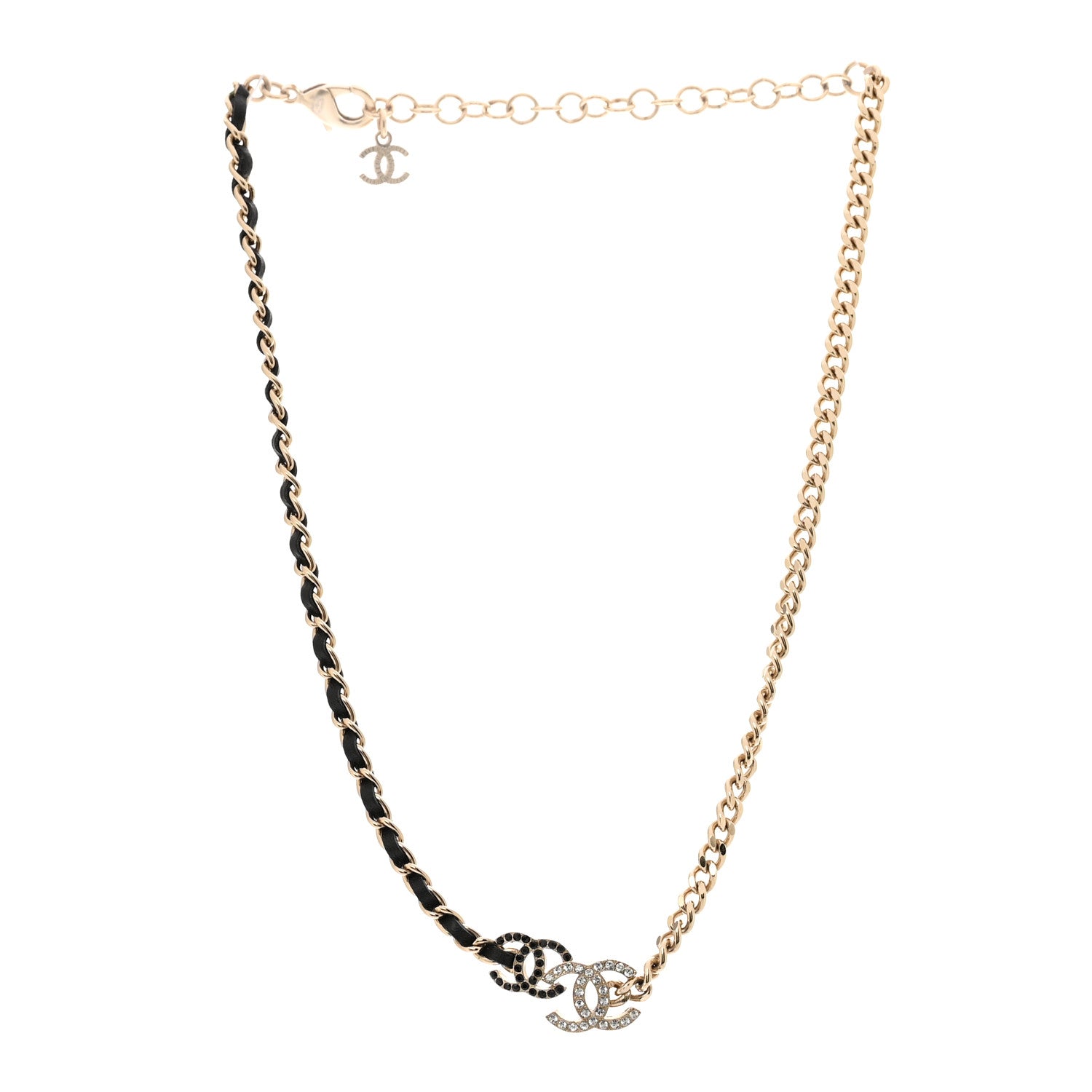 Chanel Metal Calfskin Crystal Double CC Short Necklace Black Gold 3 of 6