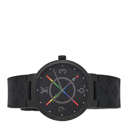 Louis Vuitton Stainless Steel Rubber 39mm Tambour Slim Rainbow Quartz Watch Black 2 of 5