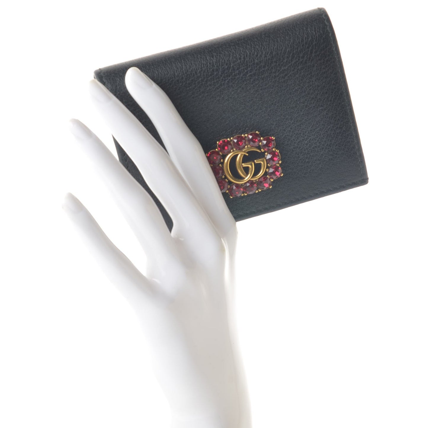 Calfskin Crystal Double G Card Case Black