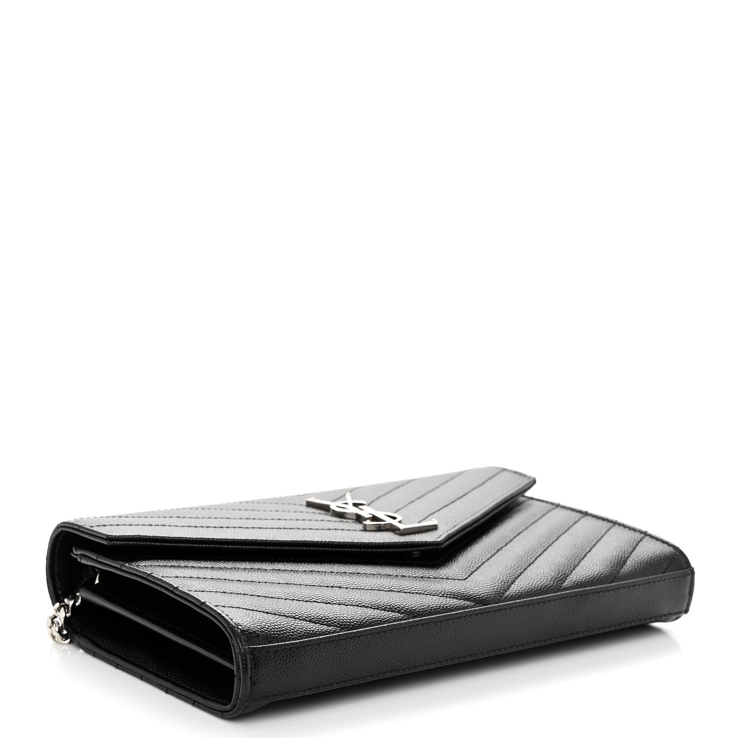 Saint Laurent Grain De Poudre Matelasse Chevron Monogram Chain Wallet Black 4 of 9