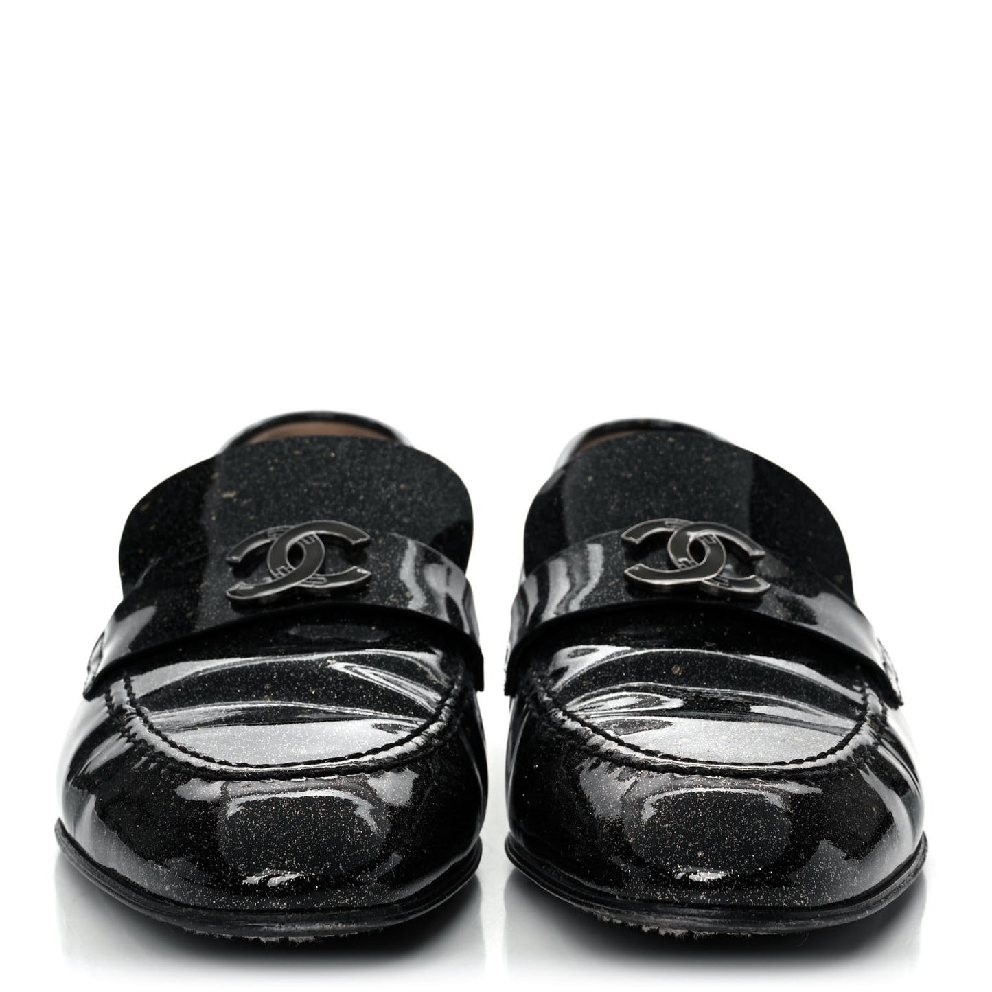 Patent Crackled Calfskin CC Mocassin Loafers 38 Black