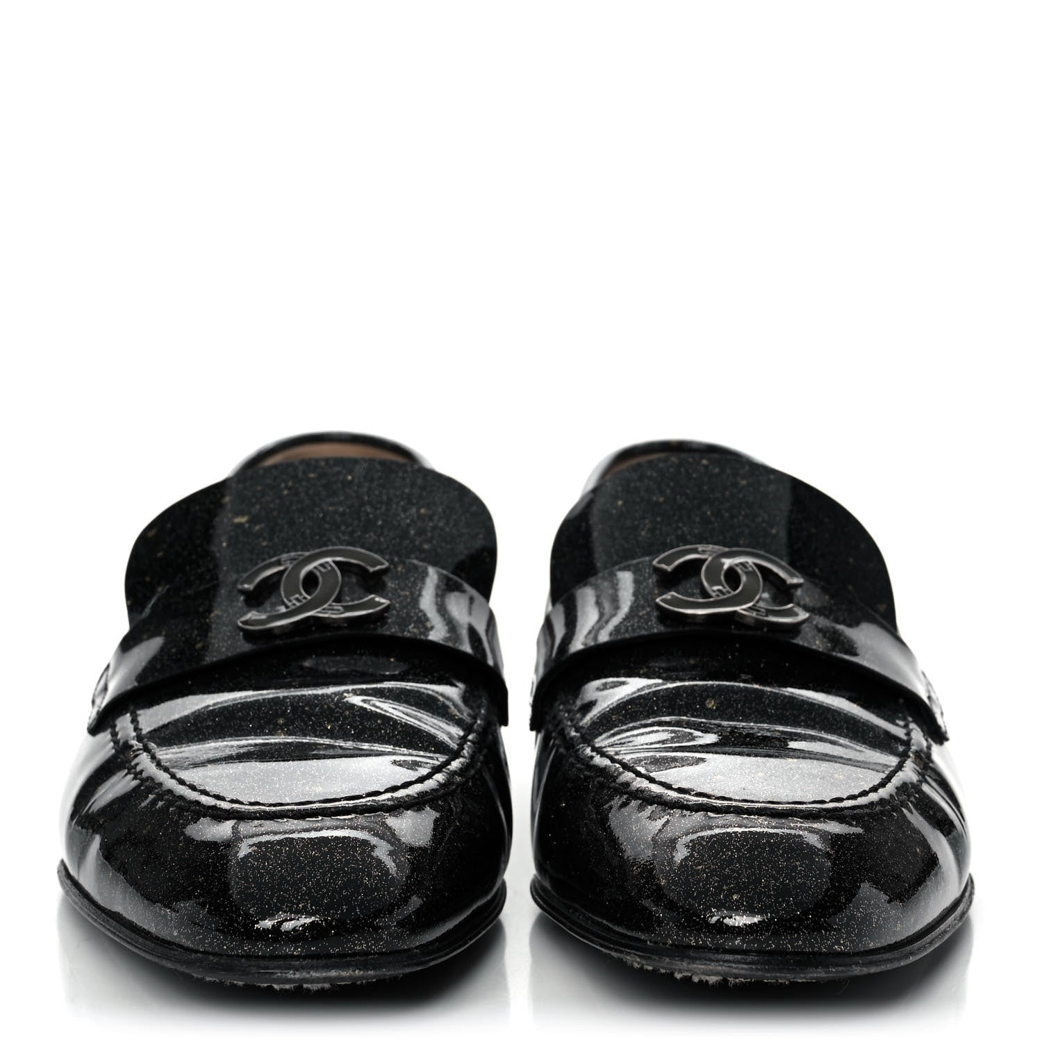 Chanel Patent Crackled Calfskin CC Mocassin Loafers 38 Black 2 of 10
