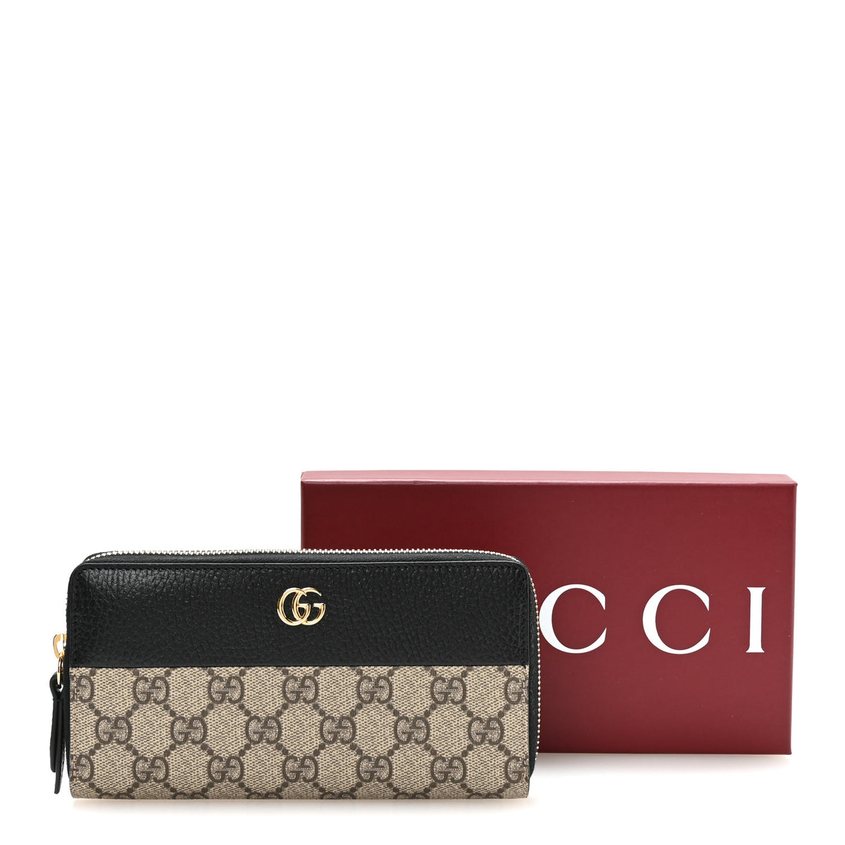 Dollar Calfskin GG Supreme Monogram GG Marmont Zip Around Wallet Black Beige Ebony