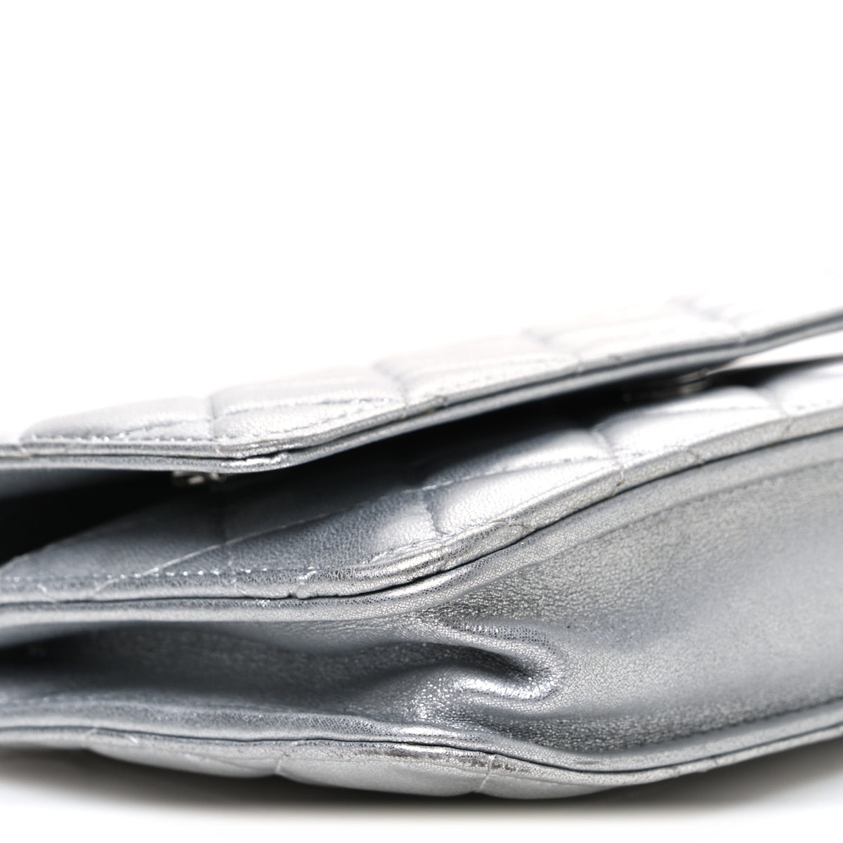 Metallic Lambskin Quilted Wallet On Chain WOC Silver
