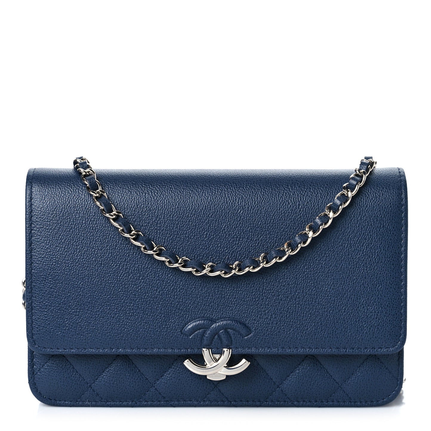 Grained Calfskin Quilted CC Box Wallet On Chain WOC Navy