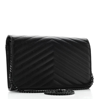 Saint Laurent Grain De Poudre Matelasse Chevron Monogram Chain Wallet Black 2 of 9