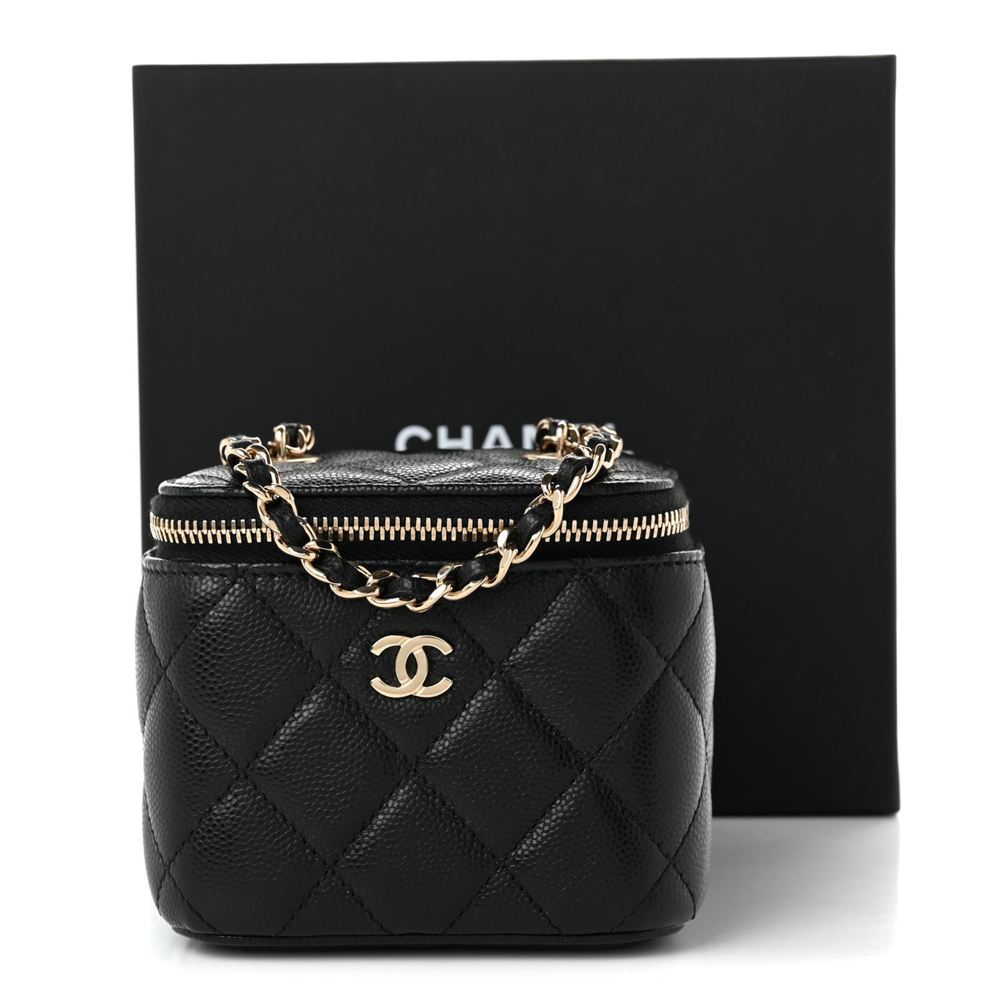 Caviar Quilted Mini Vanity Case With Chain Black