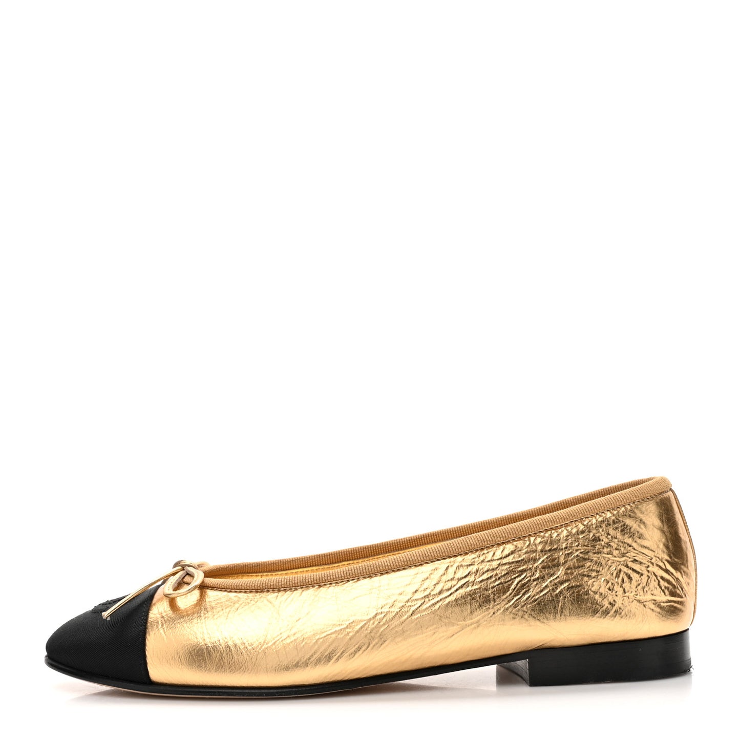 Metallic Calfskin Grosgrain Cap Toe CC Ballerina Flats 37.5 Gold
