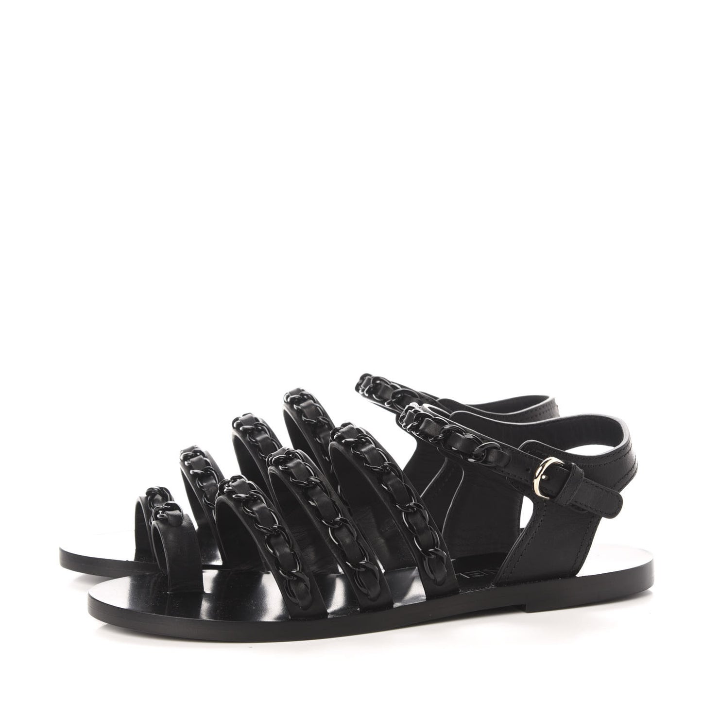 Calfskin Chain Flat Sandals 38 Black
