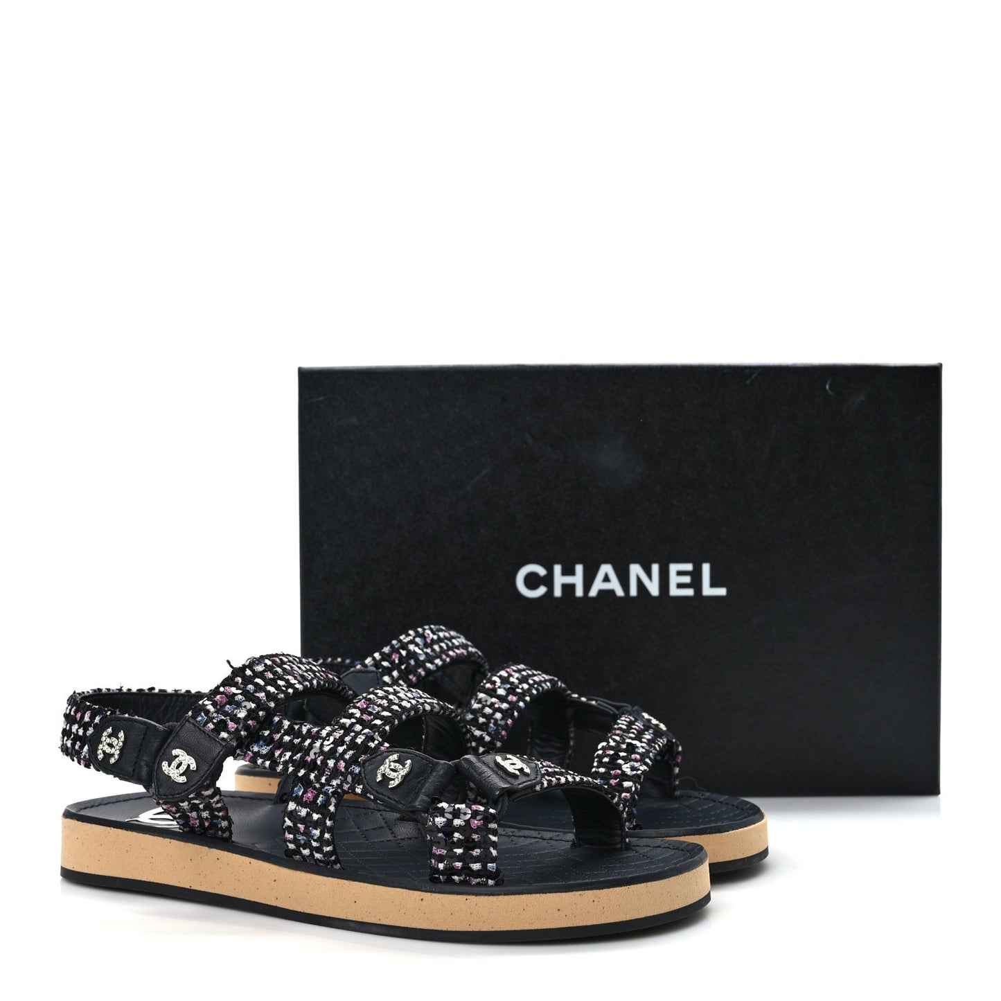 Glittered Tweed Lambskin Dad Sandals 37 Black Blue Pink White White