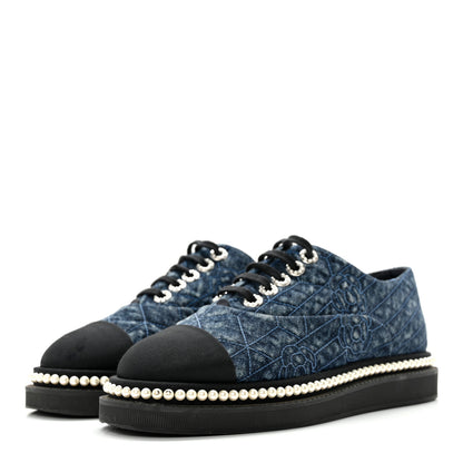 Chanel Denim Grosgrain Camellia Pearl Lace Up Sneakers 38 Blue Black 3 of 12