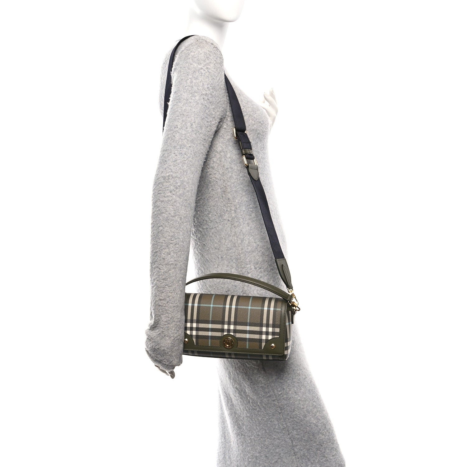 Burberry Coated Canvas Calfskin Vintage Check Note Top Handle Shoulder Bag Olive Green 2 of 11