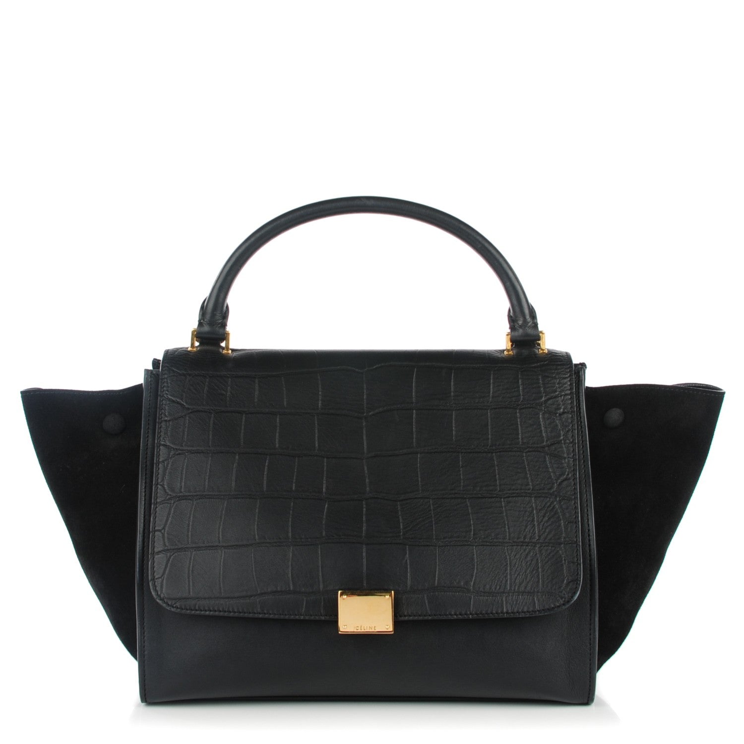 Celine Crocodile Embossed Calfskin Suede Medium Trapeze Black 1 of 7