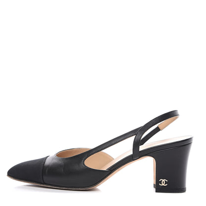Chanel Goatskin Grosgrain Cap Toe CC Slingback Sandals 38 Black 1 of 10