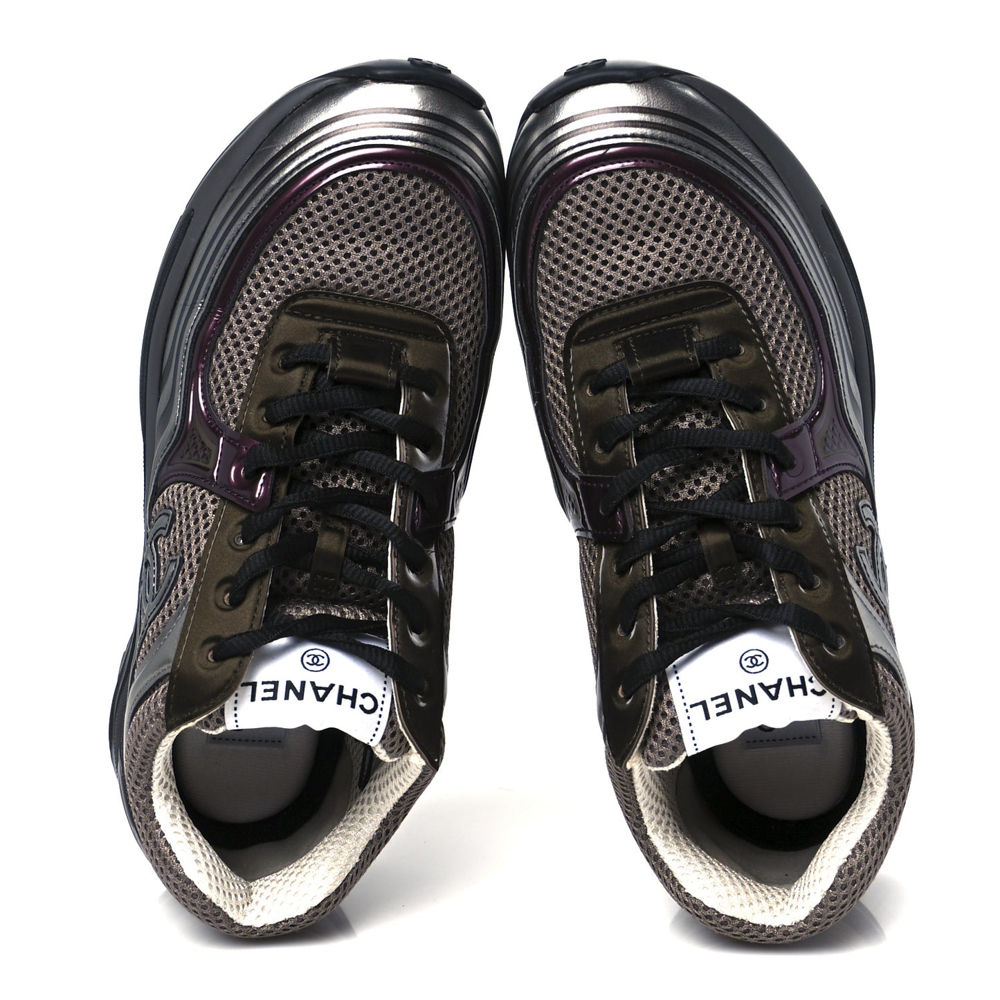 Fabric Laminated Calfskin Stretch CC Womens Sneakers 37 Khaki Silver Dark Purple