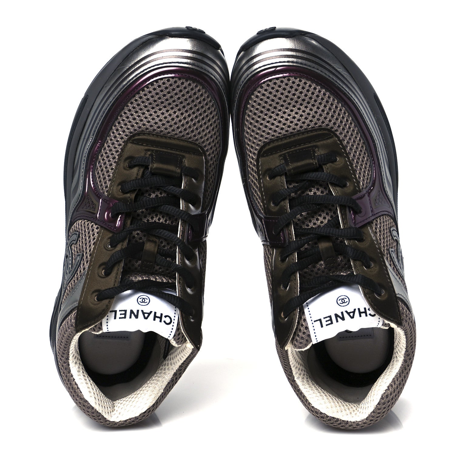 Chanel Fabric Laminated Calfskin Stretch CC Womens Sneakers 37 Khaki Silver Dark Purple 2 of 10