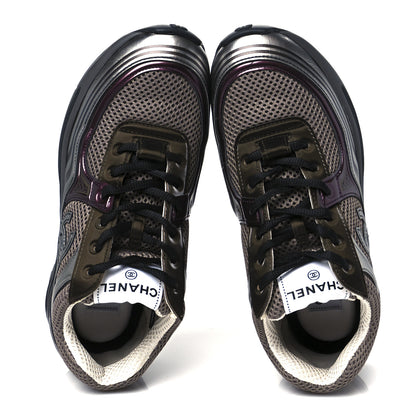 Chanel Fabric Laminated Calfskin Stretch CC Womens Sneakers 37 Khaki Silver Dark Purple 2 of 10