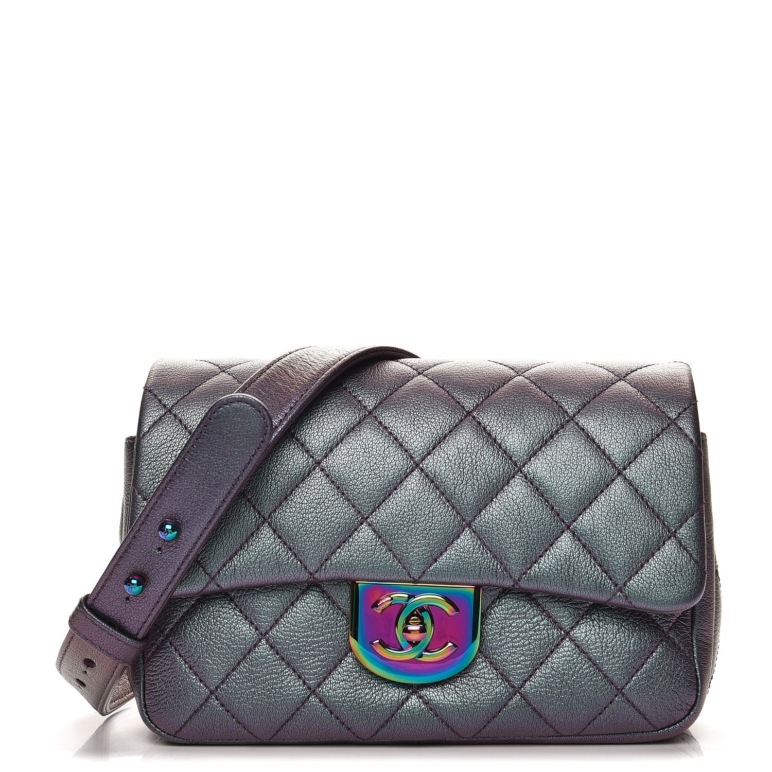 Chanel Iridescent Goatskin Quilted Small Double Carry Waist Chain Flap Purple 1 of 9