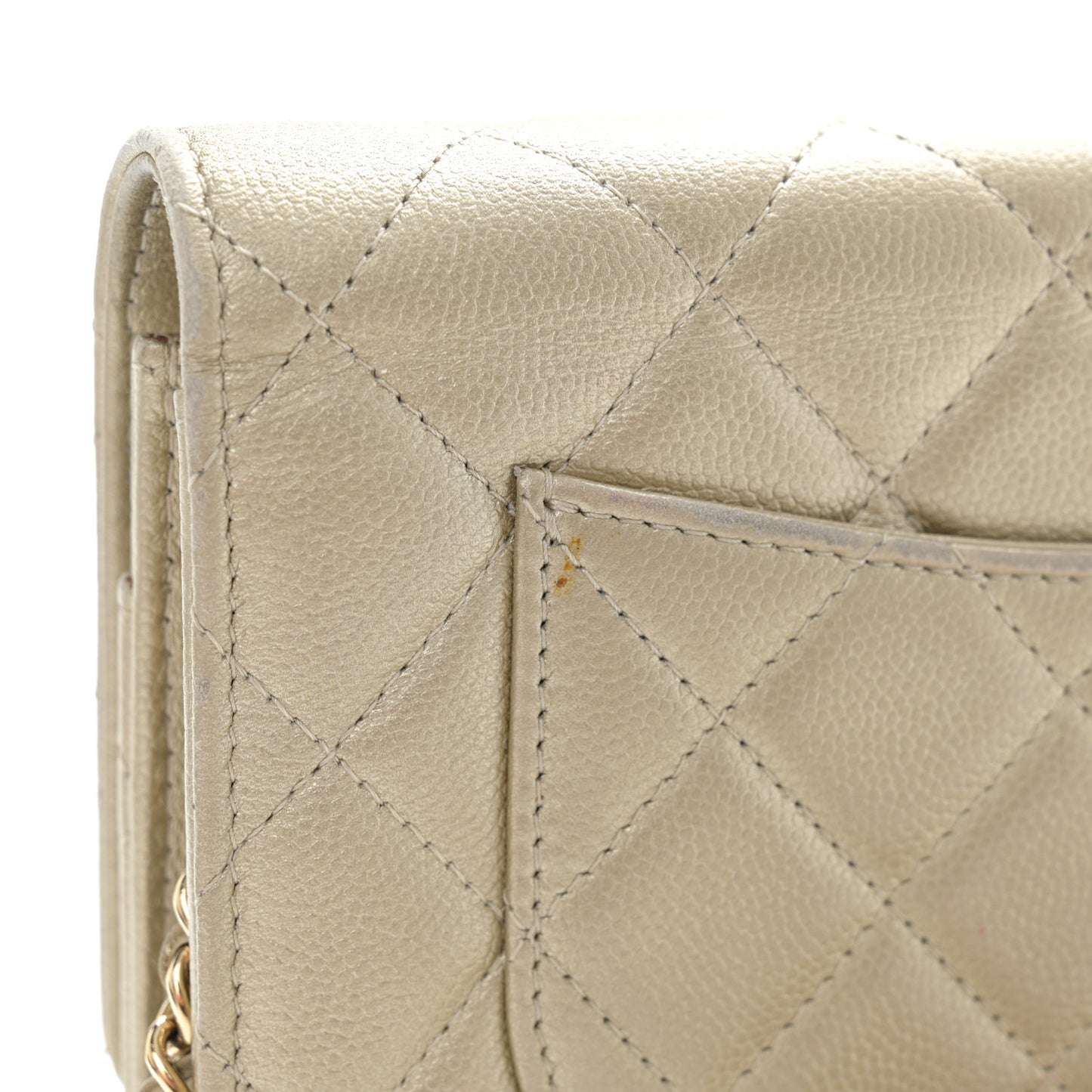Metallic Caviar Quilted Wallet On Chain WOC Light Gold