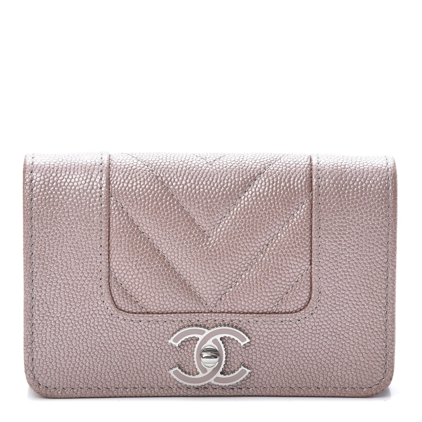 Metallic Caviar Chevron Quilted Vintage Mademoiselle Flap Card Holder Pink