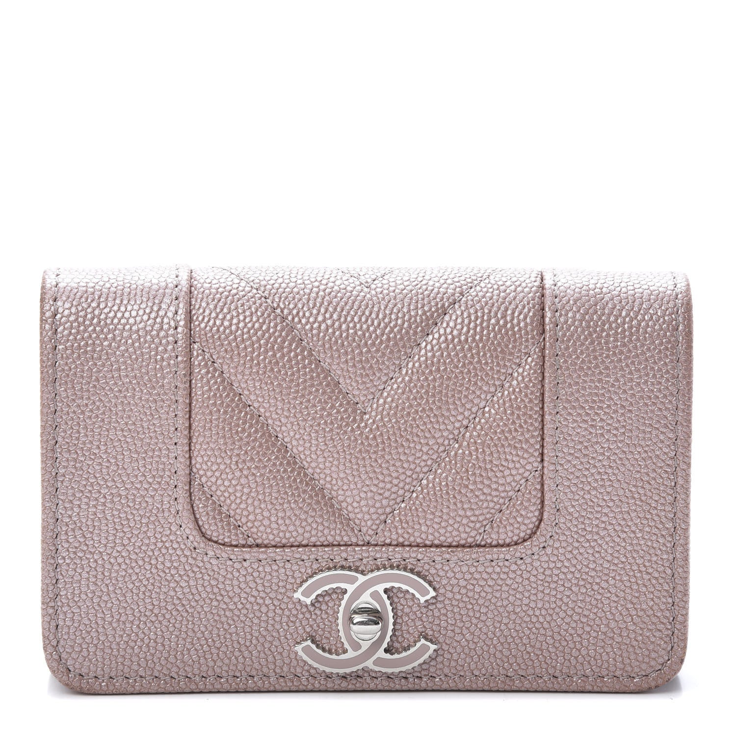 Chanel Metallic Caviar Chevron Quilted Vintage Mademoiselle Flap Card Holder Pink 1 of 11