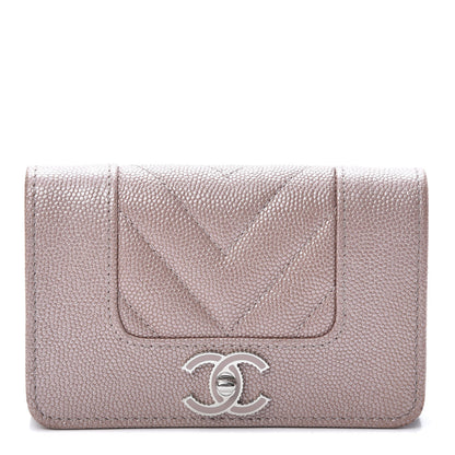 Chanel Metallic Caviar Chevron Quilted Vintage Mademoiselle Flap Card Holder Pink 1 of 11