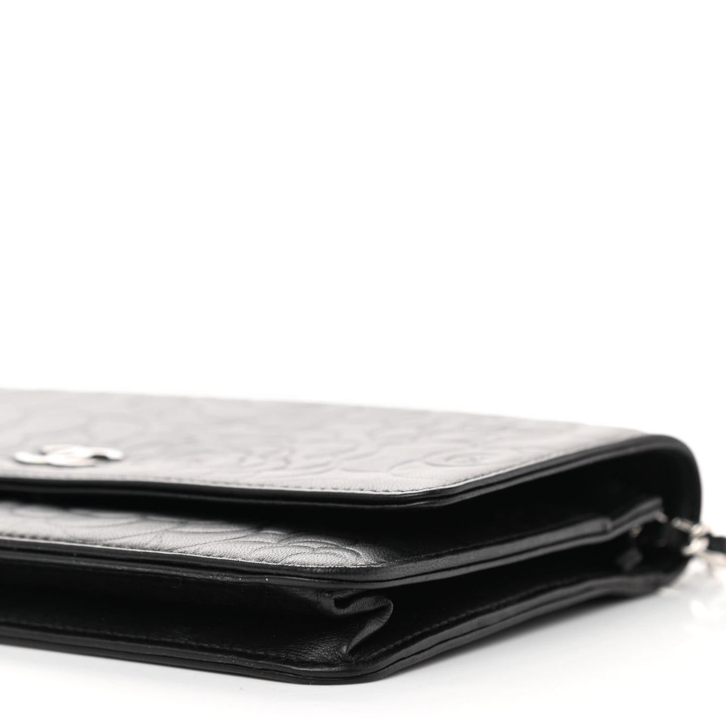Lambskin Camellia Embossed Wallet on Chain WOC Black
