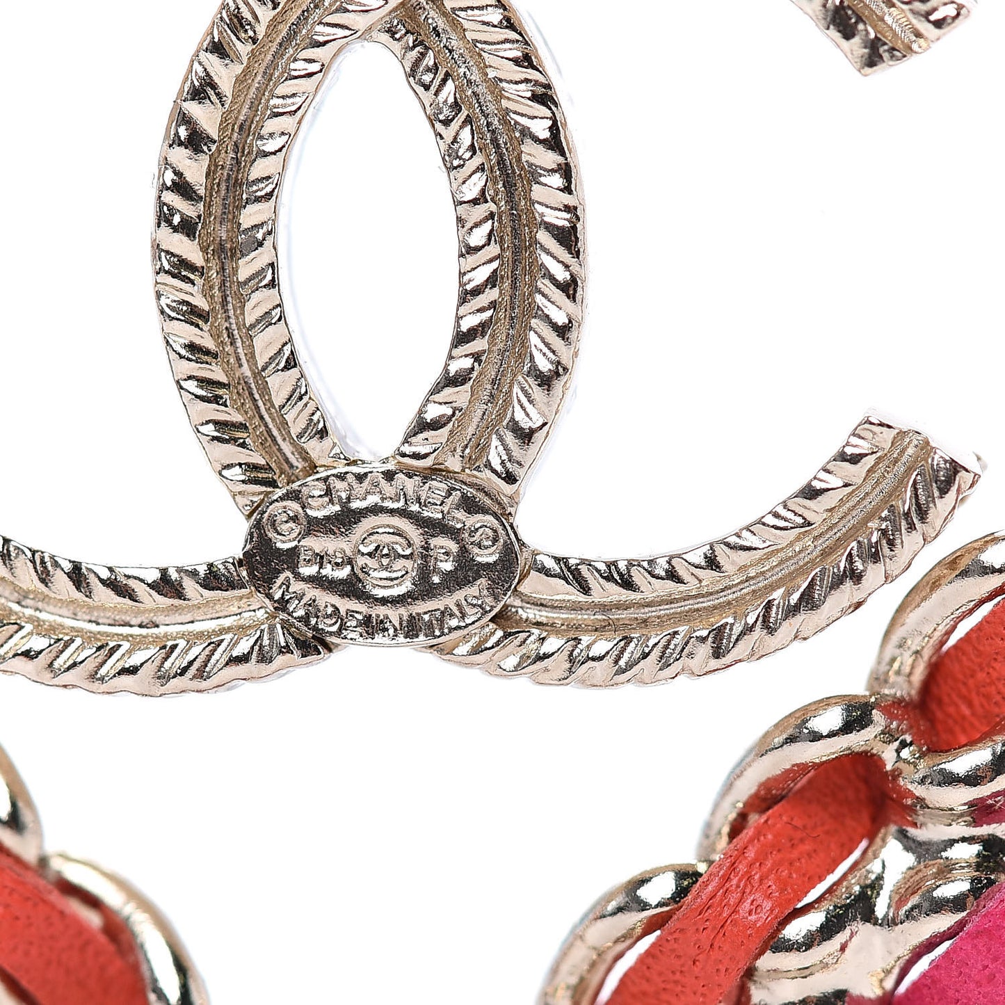 Metal Calfskin Braided Heart CC Brooch Pink Red Gold