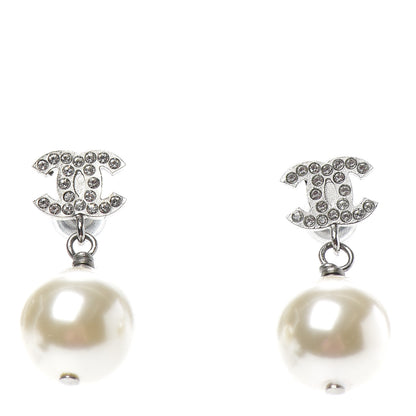 Chanel Crystal Pearl CC Drop Earrings Silver 1 of 4