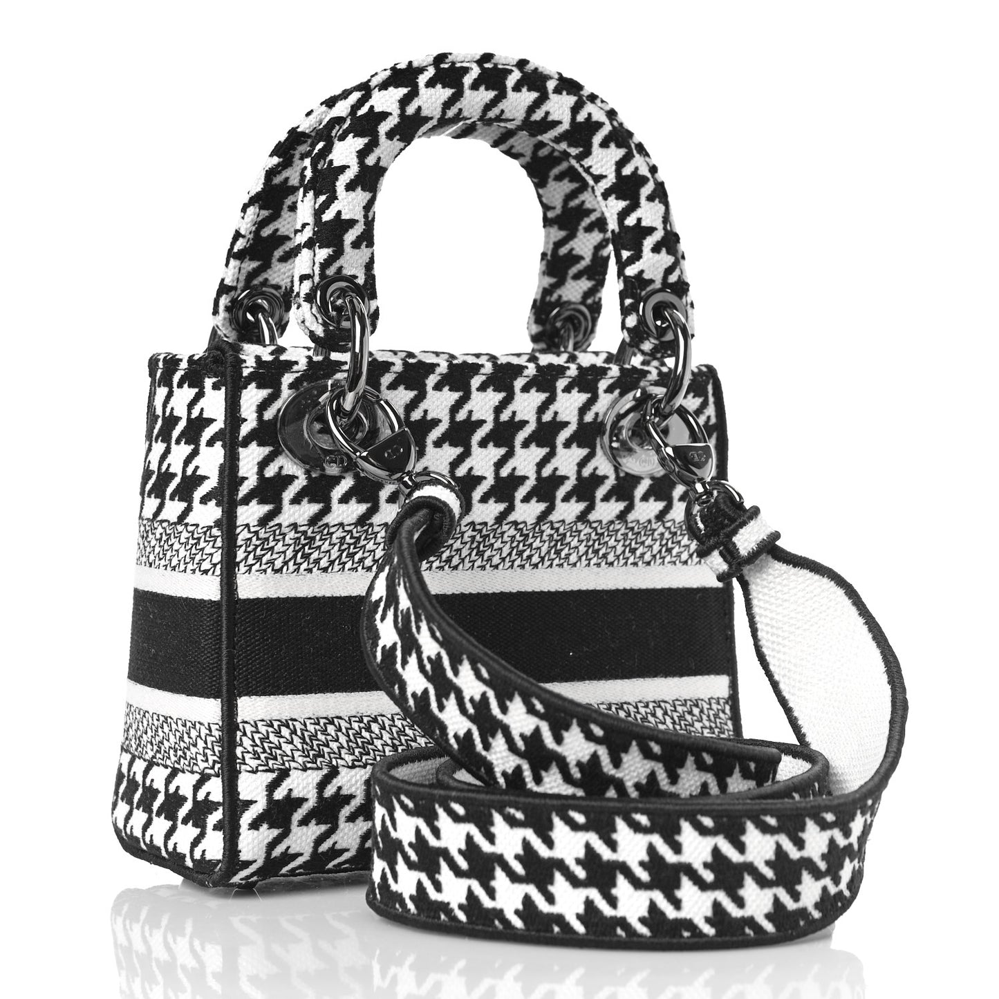 Canvas Houndstooth Embroidered Mini Lady D-Lite Black White