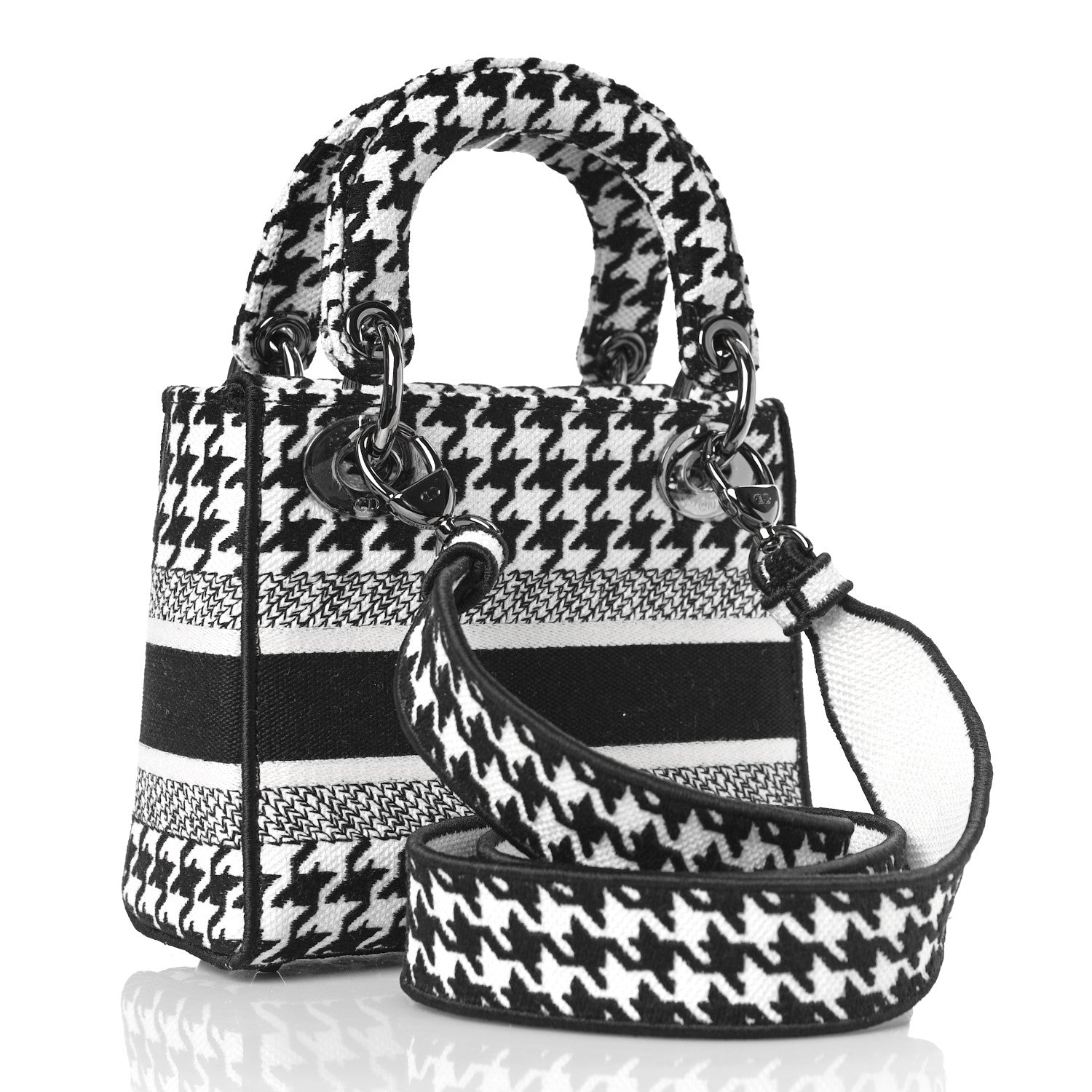 Christian Dior Canvas Houndstooth Embroidered Mini Lady D-Lite Black White 3 of 8