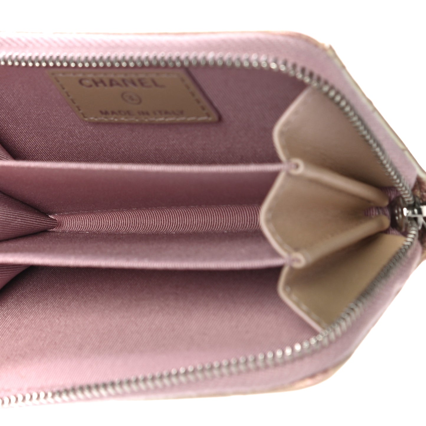 Iridescent Calfskin Quilted Zip Coin Purse Wallet Pink
