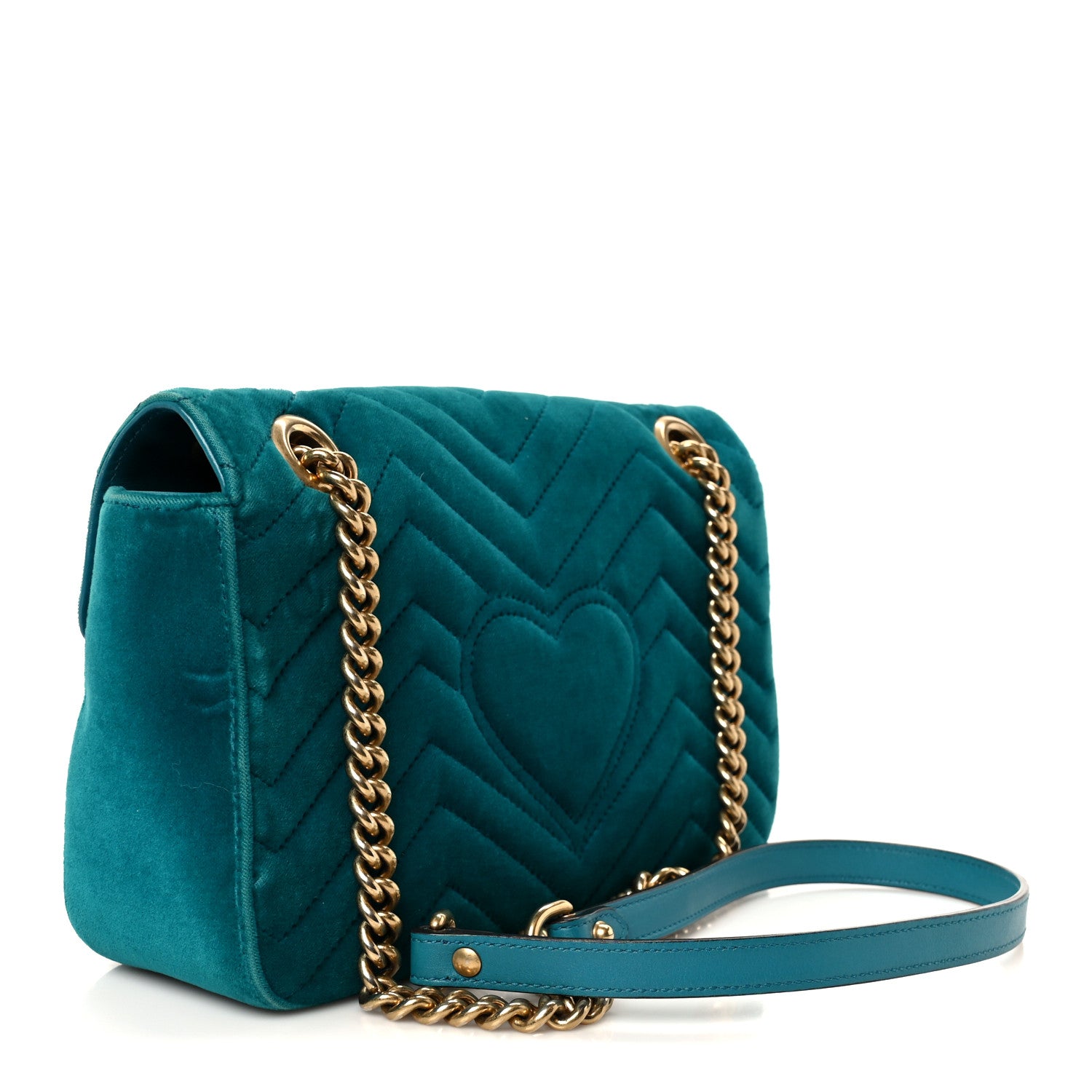 Gucci Velvet Matelasse Small GG Marmont Shoulder Bag Pavone Cyan 3 of 11