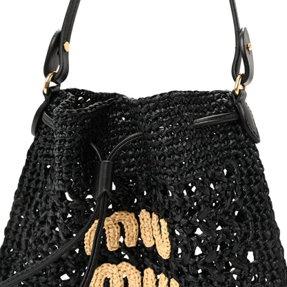 Miu Miu Raffia Crochet Drawstring Pouch Black Naturale 13 of 17