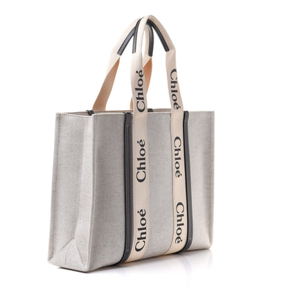 Chloe Cotton Calfskin Large Woody Ribbon Tote White Blue 3 of 10