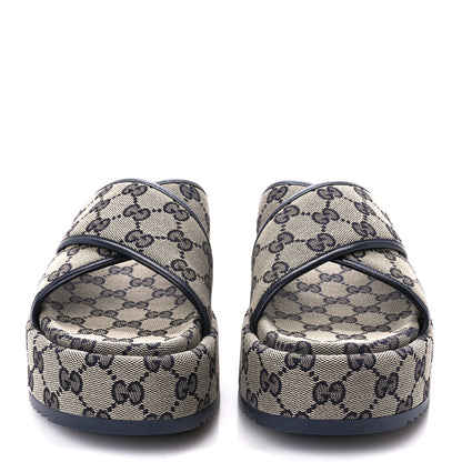 Gucci Monogram Criss Cross Platform Slide Sandals 37 Beige Blue 2 of 10