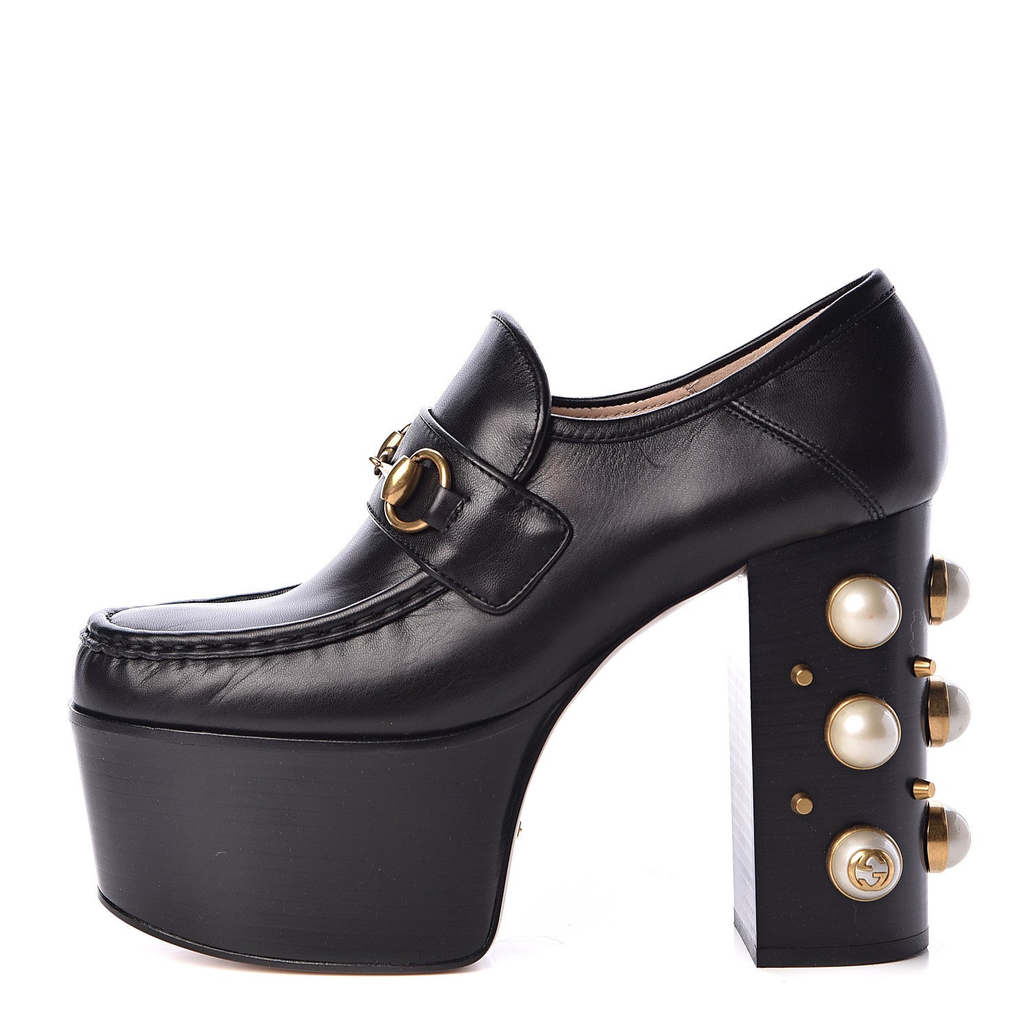 Gucci Malaga Kid Pearl Studded Vegas Platform Loafers 37 Black 1 of 12